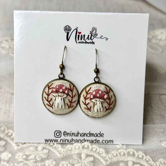 Embroidered Pink Mushroom Earrings